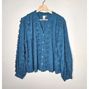 SEEN WORN KEPT Kathryn Blouse 8 Textured Peacock Blue Balloon Sleeves Button Up